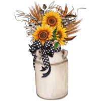 Watercolor vintage milk bucket with sunflowers png