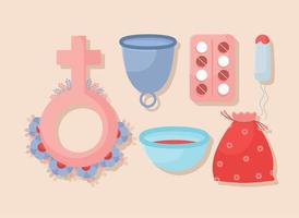 six women menstrual items vector