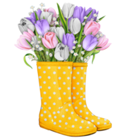 watercolor rubber boots with floral bouquet png