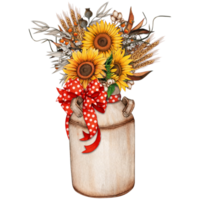 Watercolor vintage milk bucket with sunflowers png