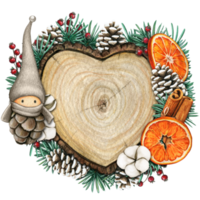 watercolor hand drawn wooden heart slice with elves, pinecones and pine branches png