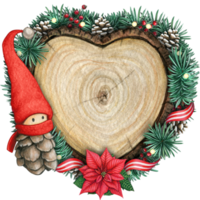 watercolor hand drawn wooden heart slice with elves, pinecones and pine branches png