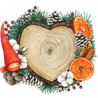 watercolor hand drawn wooden heart slice with elves, pinecones and pine branches png