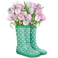 watercolor rubber boots with floral bouquet png