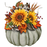 watercolor fall composition with pumpkin, sunflowers, dry herbs png