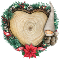 watercolor hand drawn wooden heart slice with elves, pinecones and pine branches png