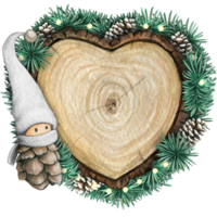 watercolor hand drawn wooden heart slice with elves, pinecones and pine branches png