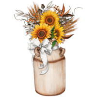 Watercolor vintage milk bucket with sunflowers png