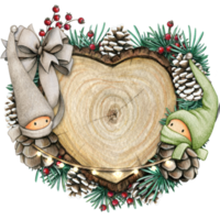 watercolor hand drawn wooden heart slice with elves, pinecones and pine branches png