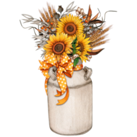 Watercolor vintage milk bucket with sunflowers png