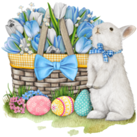 acuarela mano dibujado floral cesta con conejito y Pascua de Resurrección huevos