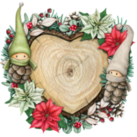 watercolor hand drawn wooden heart slice with elves, pinecones and pine branches png