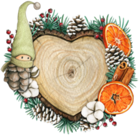 watercolor hand drawn wooden heart slice with elves, pinecones and pine branches png