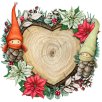 watercolor hand drawn wooden heart slice with elves, pinecones and pine branches png