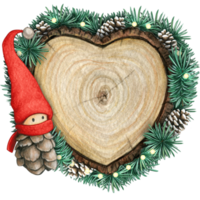 watercolor hand drawn wooden heart slice with elves, pinecones and pine branches png
