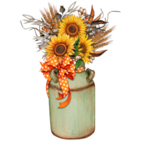 Watercolor vintage milk bucket with sunflowers png