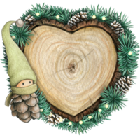 vattenfärg hand dragen trä- hjärta skiva med tomtar, kottar och tall grenar png