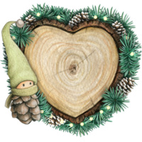 watercolor hand drawn wooden heart slice with elves, pinecones and pine branches png