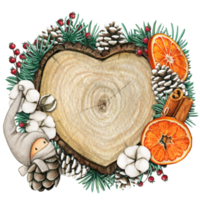 watercolor hand drawn wooden heart slice with elves, pinecones and pine branches png