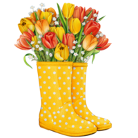 watercolor rubber boots with floral bouquet png