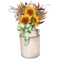 Watercolor vintage milk bucket with sunflowers png