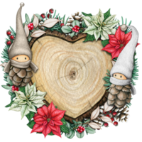 watercolor hand drawn wooden heart slice with elves, pinecones and pine branches png