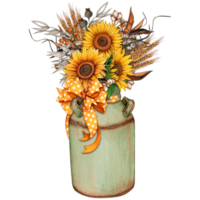 Watercolor vintage milk bucket with sunflowers png