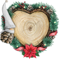 watercolor hand drawn wooden heart slice with elves, pinecones and pine branches png