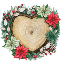 watercolor hand drawn wooden heart slice with elves, pinecones and pine branches png