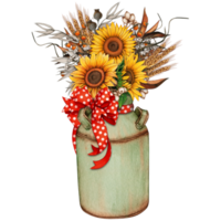 Watercolor vintage milk bucket with sunflowers png