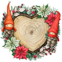 watercolor hand drawn wooden heart slice with elves, pinecones and pine branches png