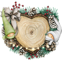 watercolor hand drawn wooden heart slice with elves, pinecones and pine branches png