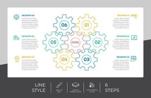 Gear infographic vector design with 6 steps colorful style for presentation purpose.Line option infographic can be used for business and marketing