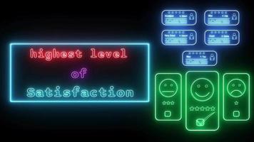 highest level of satisfaction Neon red-blue Fluorescent Text Animation blue frame on black background video