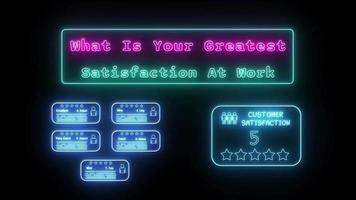 quoi est votre le plus grand la satisfaction à travail néon vert-rose fluorescent texte animation bleu Cadre sur noir Contexte video