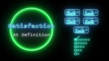 tillfredsställelse på definition neon blå-gul fluorescerande text animering grön ram på svart bakgrund video
