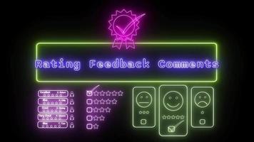 rating feedback comments Neon blue Fluorescent Text Animation yellow frame on black background video