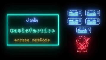 jobb tillfredsställelse tvärs över nationer neon blå grön fluorescerande text animering blå ram på svart bakgrund video