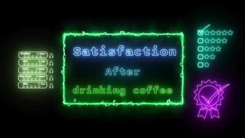 satisfaction after drinking coffee Neon green-blue Fluorescent Text Animation green frame on black background video