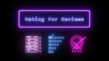 valutazione per recensioni neon blu fluorescente testo animazione rosa telaio su nero sfondo video