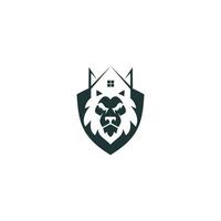 lion head logo design with a house on it vector