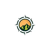 Mountain logo with sun and mountain word. vector