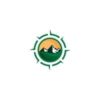 Mountain logo with sun and mountain word. vector