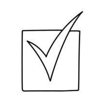 Check sign sketch, voting agree checklist mark examination task list. Doodle hand drawn tick V sign isolated on white vector