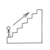 Man climbs up the stairs. Outline hand drawn startup symbol isolated on white background. Doodle illustration vector