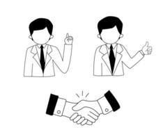 Handshake line doodle icon. Businessman points his finger up. Partnership and agreement symbol isolated on white background vector