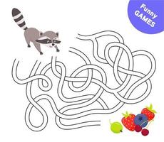 Help cute raccoon find path to berries. Labyrinth. Maze game for kids. Vector illustration character isolated on white