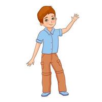 Little cute happy boy waving hand isolated on white background. Vector flat cartoon illustration character
