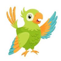 Green parrot bird standing and wave wing. Flat cartoon character isolated on white. vector