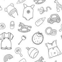 Seamless pattern with Infant cute clothes and toys doodles. vector